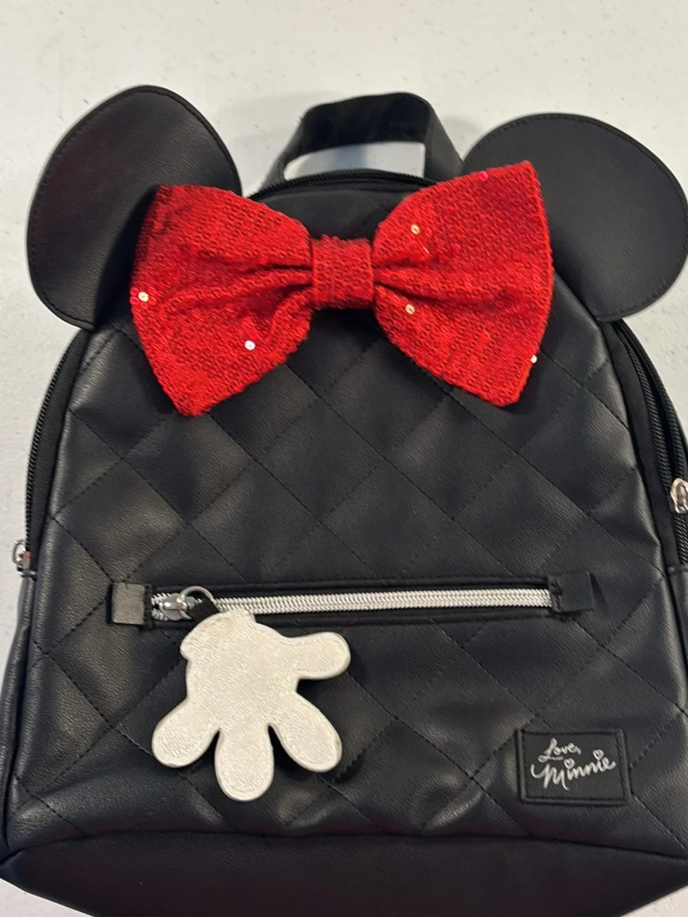 Disney Black Quilted Kids Backpack with Red Sequin Bow and Ear Accents